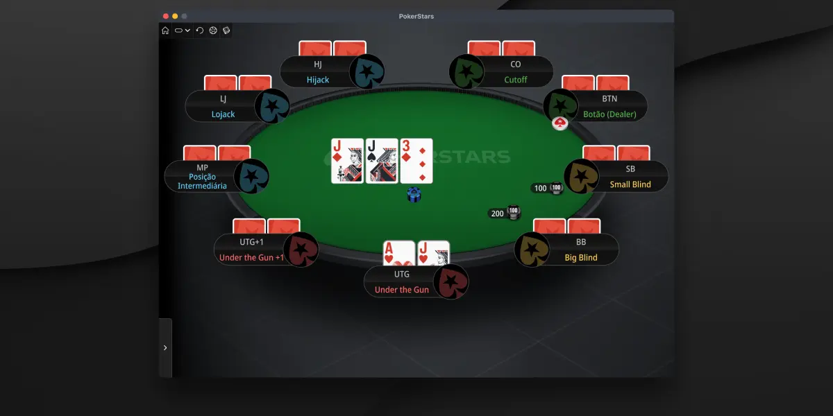 Mesa de poker online do PokerStars mostrando a segunda rodada de apostas, o flop