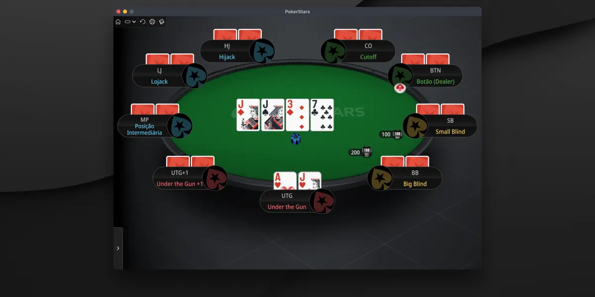 Mesa de poker online do PokerStars mostrando a terceira rodada de apostas, o turn